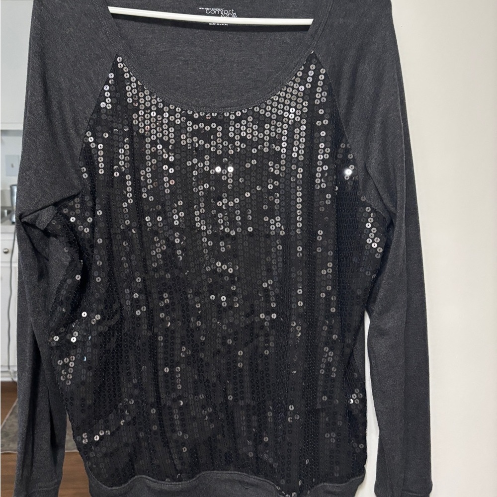 New York & Company Black Sequin Scoop-Neck Long Sleeve Top
